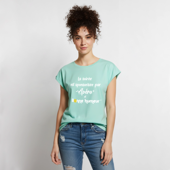 T-shirt à manches retroussées femme - Soirée apéro et bonne humeur - menthe  - front