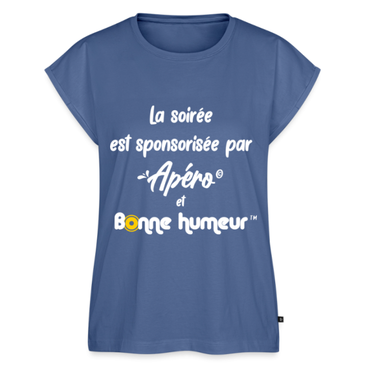 T-shirt à manches retroussées femme - Soirée apéro et bonne humeur - bleu pigeon - front