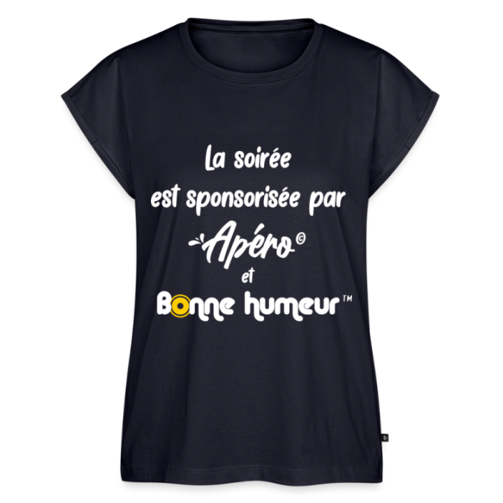 T-shirt à manches retroussées femme - Soirée apéro et bonne humeur - bleu marine - front