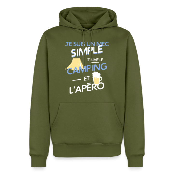 Sweat-shirt à capuche premium homme - Un mec simple: Camping et apéro - kaki - front