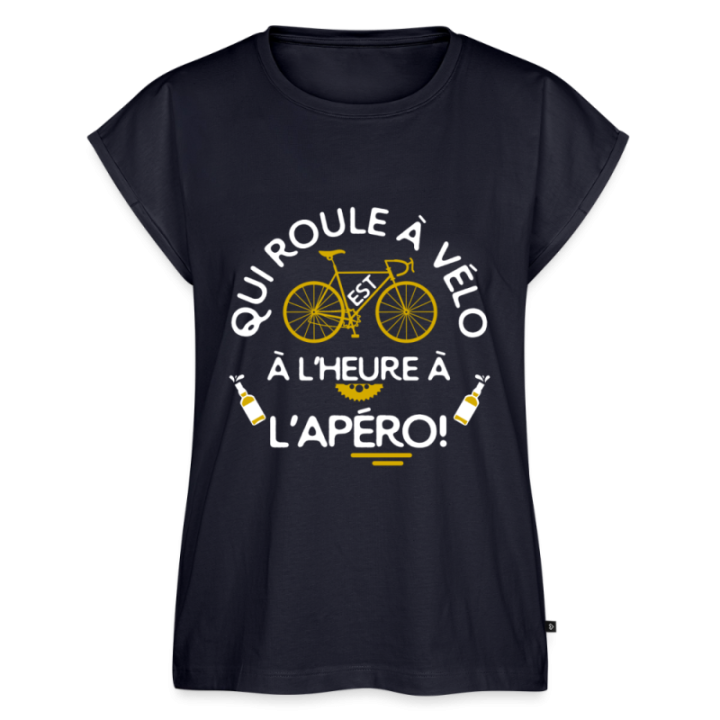 T-shirt à manches retroussées femme - Qui roule à vélo arrive à l'apéro - bleu marine - front