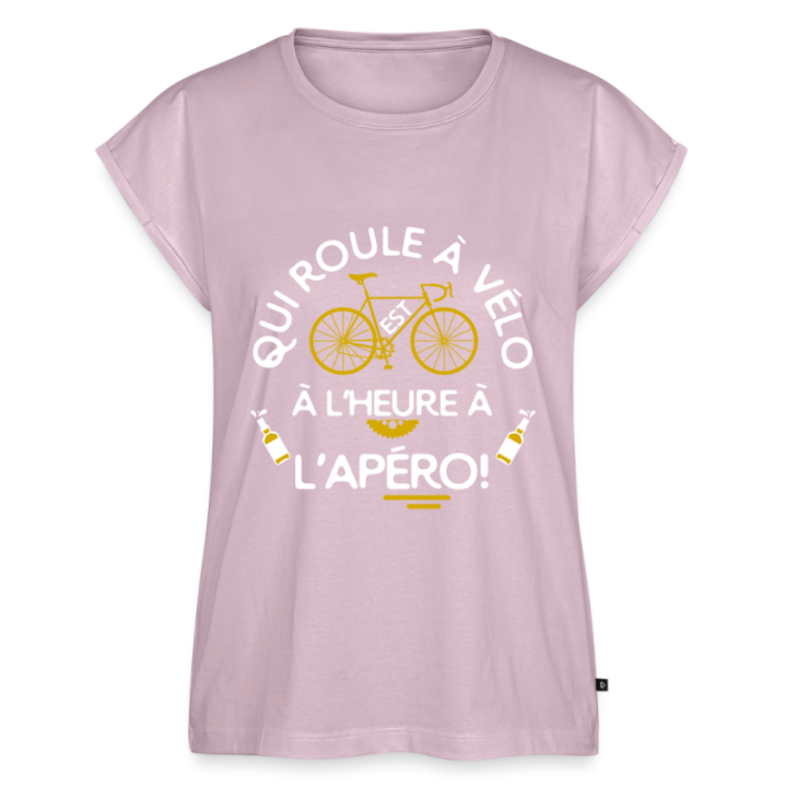 T-shirt à manches retroussées femme - Qui roule à vélo arrive à l'apéro - rose poudré - front