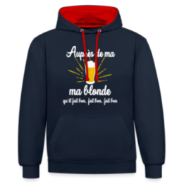 Sweat-shirt à capuche contrasté unisexe - Auprès de ma blonde - bleu marine/rouge - front