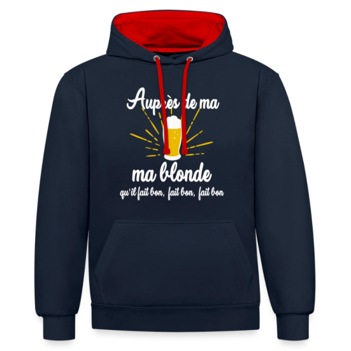 Sweat-shirt à capuche contrasté unisexe - Auprès de ma blonde - bleu marine/rouge - front