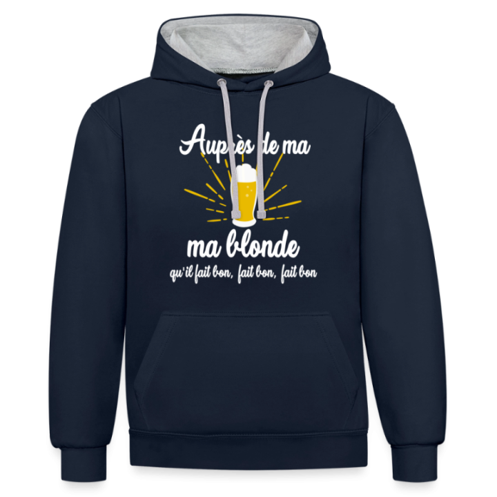 Sweat-shirt à capuche contrasté unisexe - Auprès de ma blonde - bleu marine/gris chiné - front