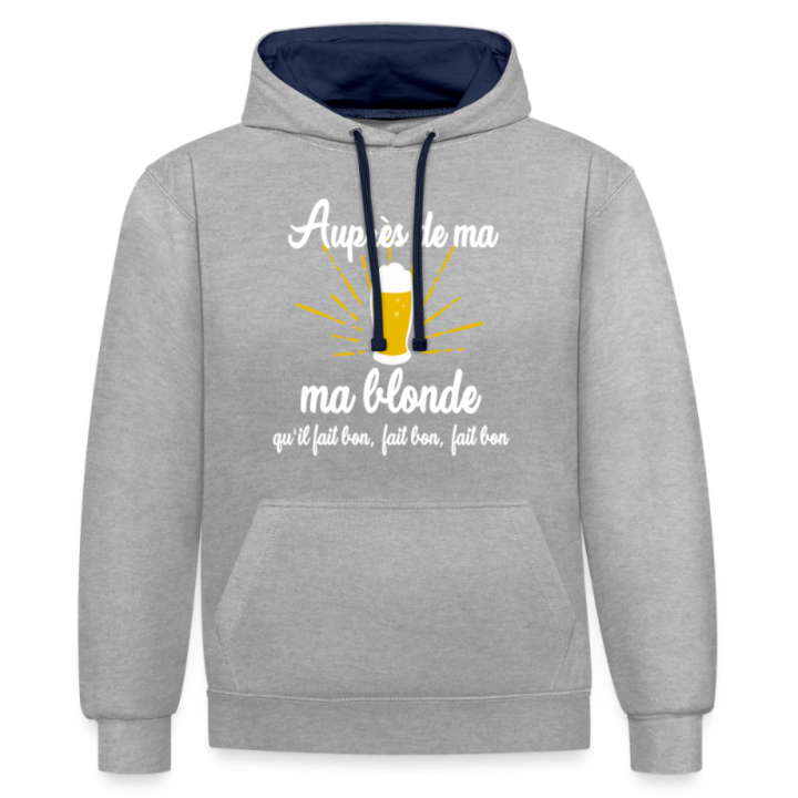 Sweat-shirt à capuche contrasté unisexe - Auprès de ma blonde - gris chiné/bleu marine - front