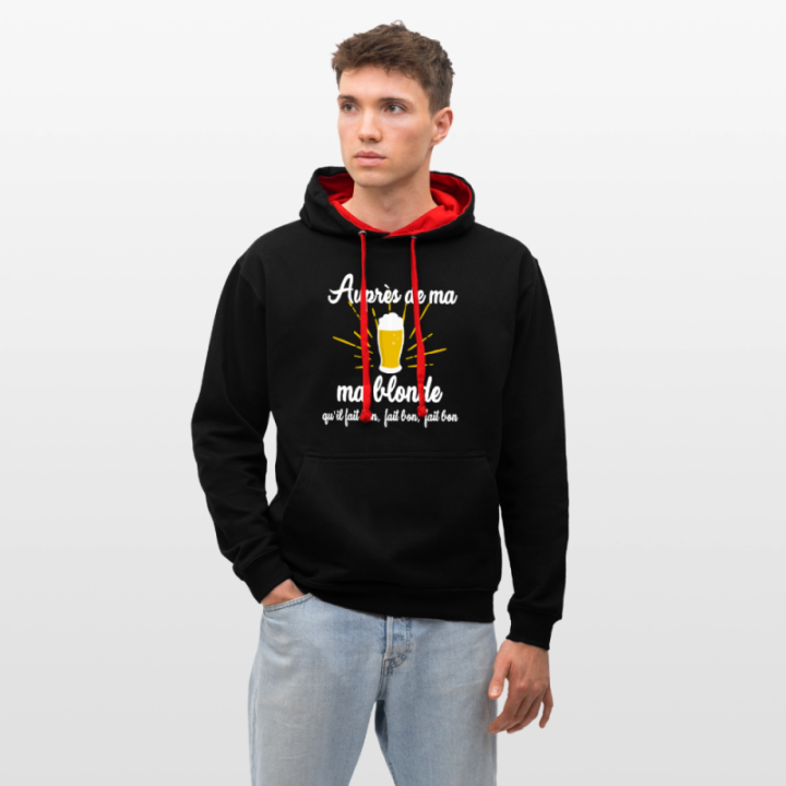 Sweat-shirt à capuche contrasté unisexe - Auprès de ma blonde - noir/rouge - front