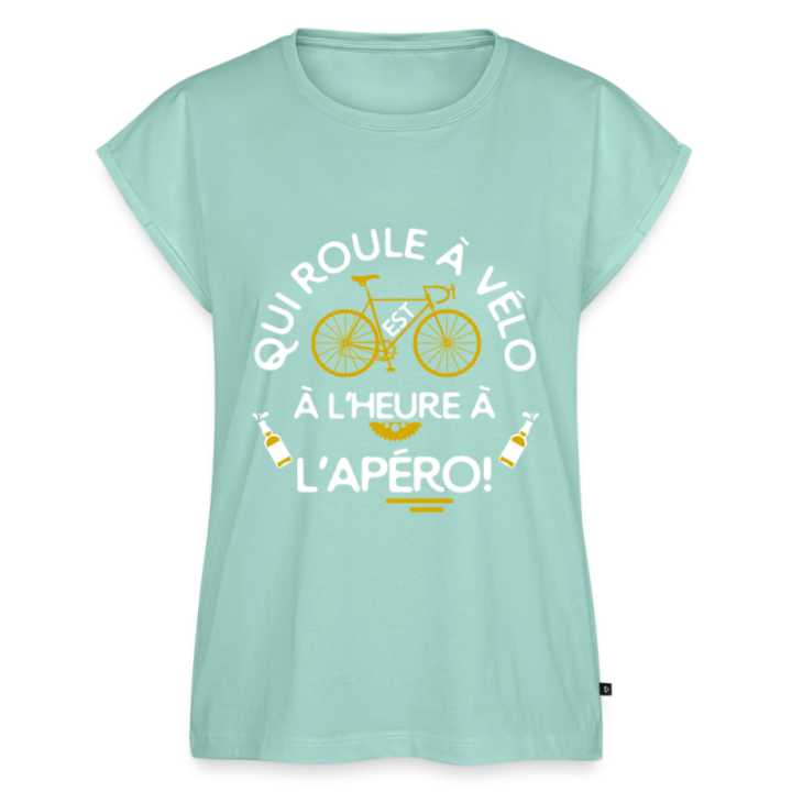 T-shirt à manches retroussées femme - Qui roule à vélo arrive à l'apéro - menthe  - front