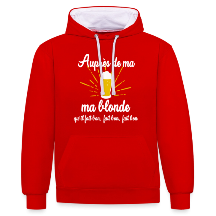 Sweat-shirt à capuche contrasté unisexe - Auprès de ma blonde - rouge/blanc - front