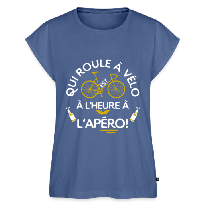 T-shirt à manches retroussées femme - Qui roule à vélo arrive à l'apéro - bleu pigeon - front