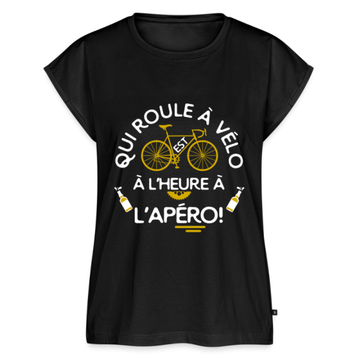 T-shirt à manches retroussées femme - Qui roule à vélo arrive à l'apéro - noir - front