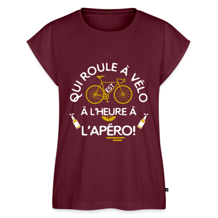 T-shirt à manches retroussées femme - Qui roule à vélo arrive à l'apéro - bourgogne - front