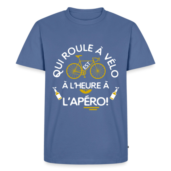 T-shirt premium homme - Qui roule à vélo arrive à l'apéro - bleu pigeon - front