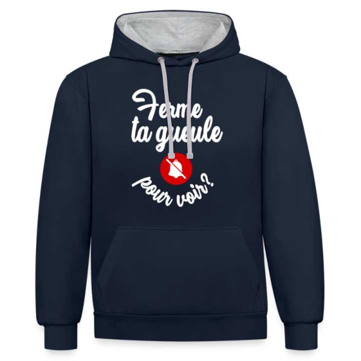 Sweat-shirt à capuche contrasté unisexe - Ferme ta gueule pour voir - bleu marine/gris chiné - front