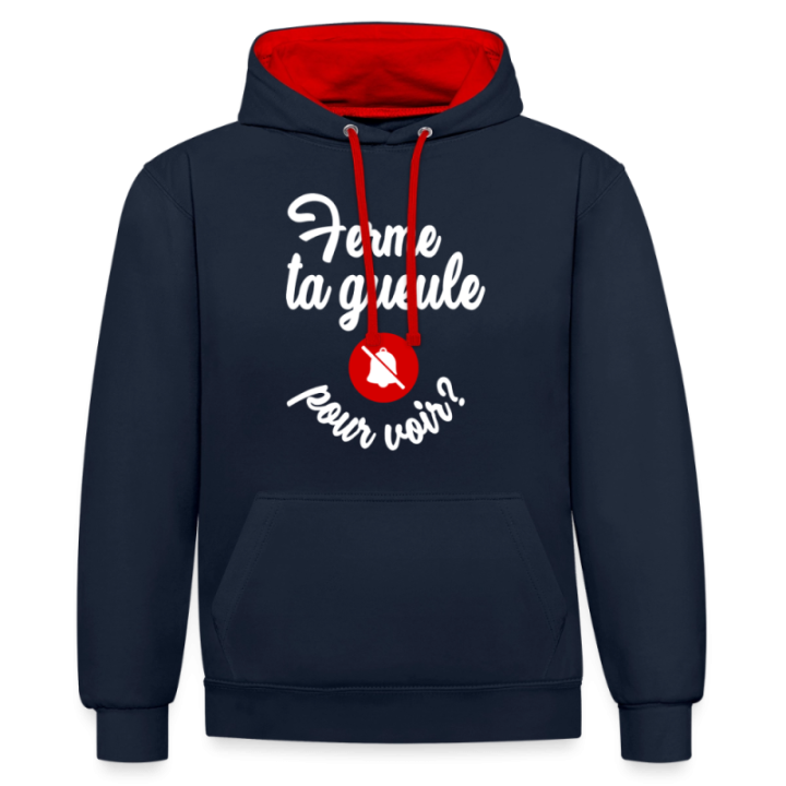 Sweat-shirt à capuche contrasté unisexe - Ferme ta gueule pour voir - bleu marine/rouge - front
