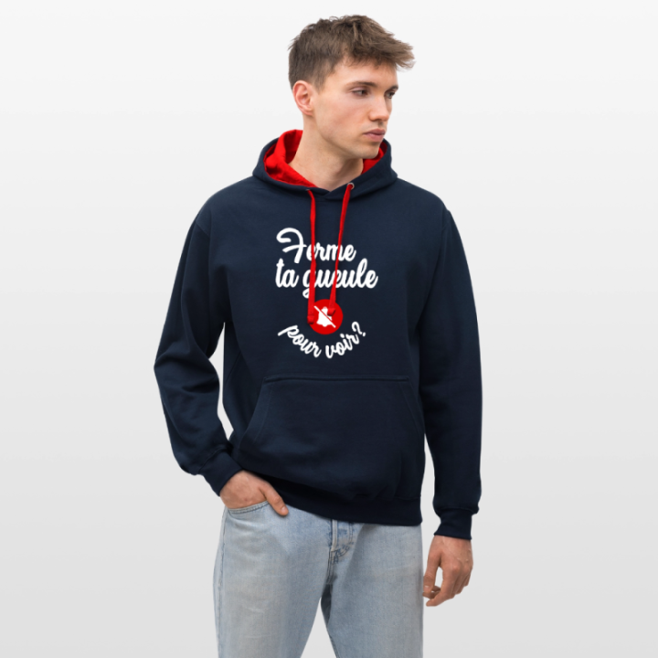 Sweat-shirt à capuche contrasté unisexe - Ferme ta gueule pour voir - bleu marine/rouge - front