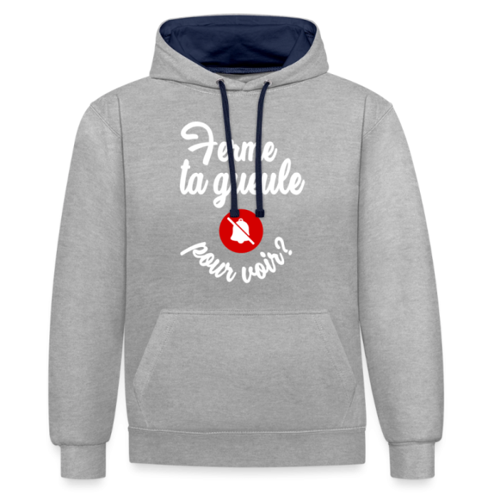 Sweat-shirt à capuche contrasté unisexe - Ferme ta gueule pour voir - gris chiné/bleu marine - front