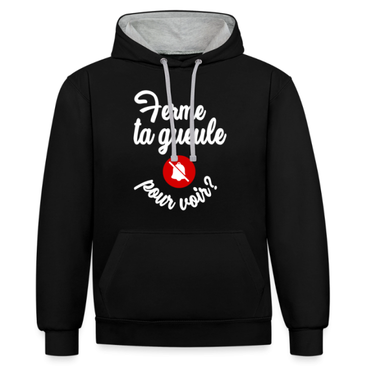 Sweat-shirt à capuche contrasté unisexe - Ferme ta gueule pour voir - noir/gris chiné - front