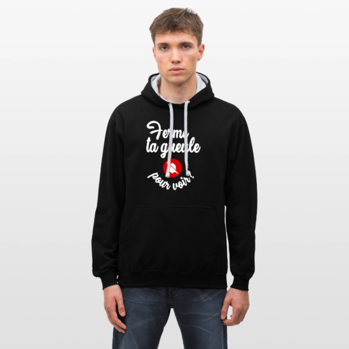 Sweat-shirt à capuche contrasté unisexe - Ferme ta gueule pour voir - noir/gris chiné - front