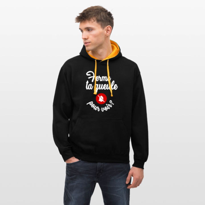 Sweat-shirt à capuche contrasté unisexe - Ferme ta gueule pour voir - noir/or - front