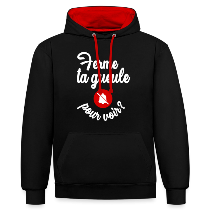 Sweat-shirt à capuche contrasté unisexe - Ferme ta gueule pour voir - noir/rouge - front