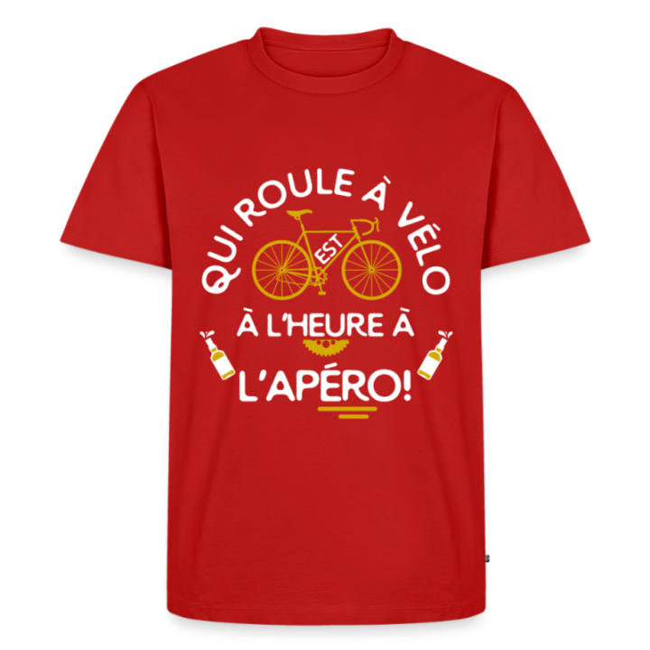 T-shirt premium homme - Qui roule à vélo arrive à l'apéro - rouge - front