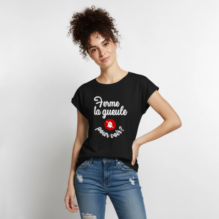 T-shirt à manches retroussées femme - Ferme ta gueule pour voir - noir - front