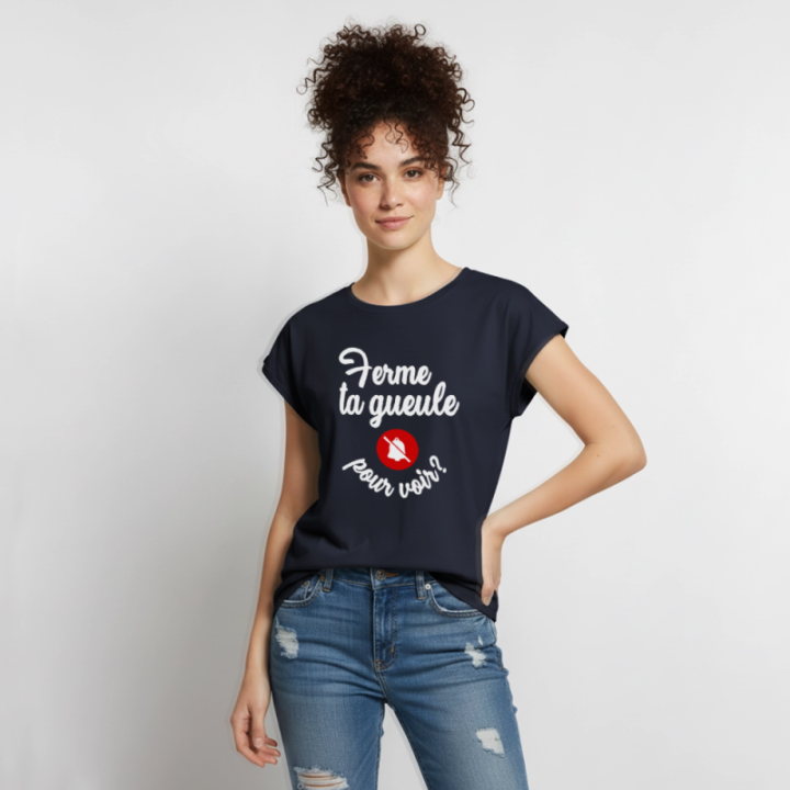 T-shirt à manches retroussées femme - Ferme ta gueule pour voir - bleu marine - front