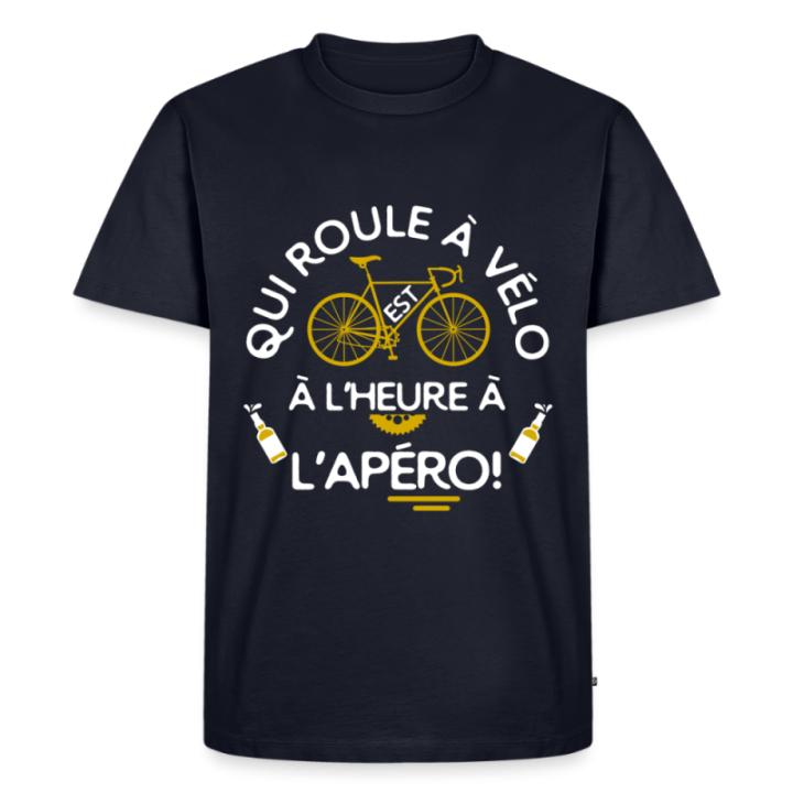 T-shirt premium homme - Qui roule à vélo arrive à l'apéro - bleu marine - front