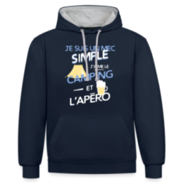 Sweat-shirt à capuche contrasté unisexe - Un mec simple: Camping et apéro - bleu marine/gris chiné - front