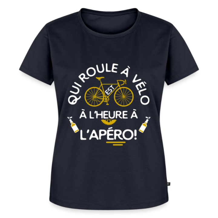 T-shirt premium femme - Qui roule à vélo arrive à l'apéro - bleu marine - front
