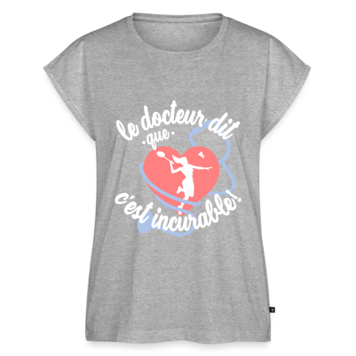 T-shirt à manches retroussées femme - Le badminton: c'est incurable - gris chiné - front