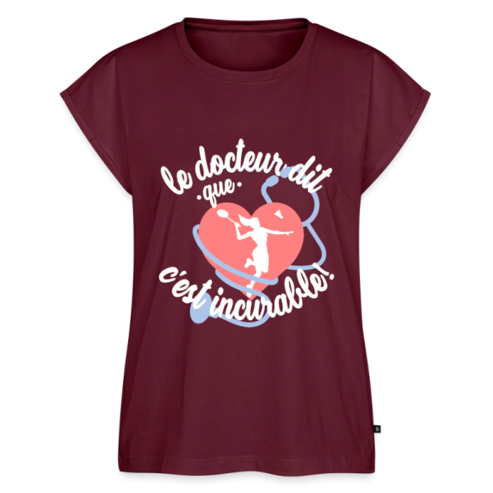 T-shirt à manches retroussées femme - Le badminton: c'est incurable - bourgogne - front