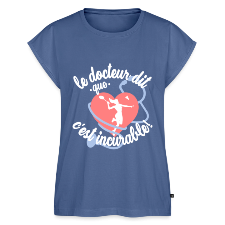T-shirt à manches retroussées femme - Le badminton: c'est incurable - bleu pigeon - front