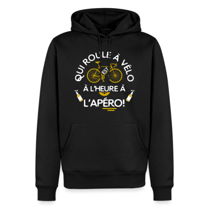 Sweat-shirt à capuche premium homme - Qui roule à vélo arrive à l'apéro - noir - front
