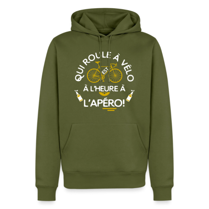 Sweat-shirt à capuche premium homme - Qui roule à vélo arrive à l'apéro - kaki - front