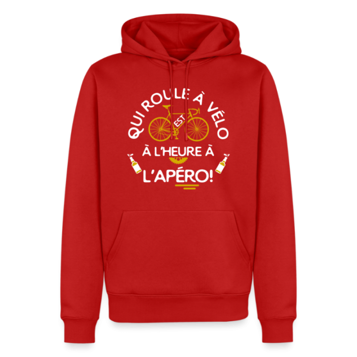 Sweat-shirt à capuche premium homme - Qui roule à vélo arrive à l'apéro - rouge - front