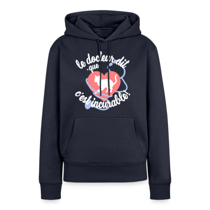 Sweat-shirt à capuche premium femme - Les chats: c'est incurable - bleu marine - front