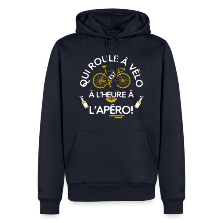 Sweat-shirt à capuche premium homme - Qui roule à vélo arrive à l'apéro - bleu marine - front