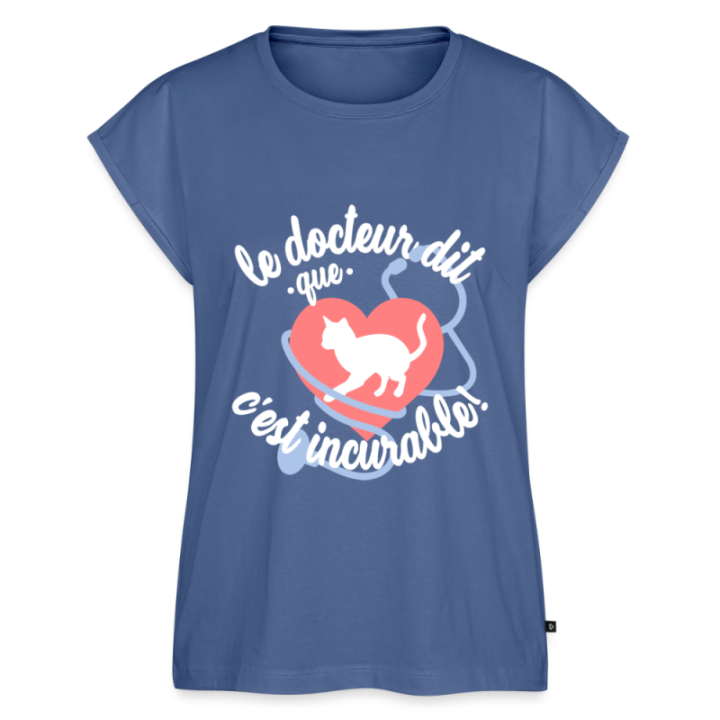 T-shirt à manches retroussées femme - Les chats: c'est incurable - bleu pigeon - front