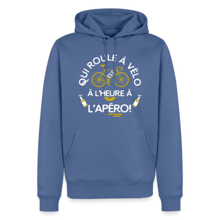 Sweat-shirt à capuche premium homme - Qui roule à vélo arrive à l'apéro - bleu pigeon - front