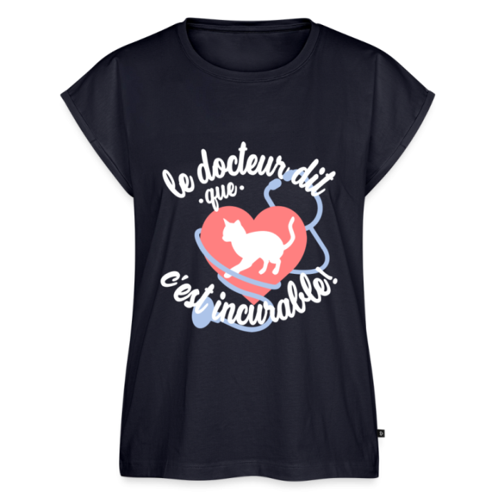 T-shirt à manches retroussées femme - Les chats: c'est incurable - bleu marine - front