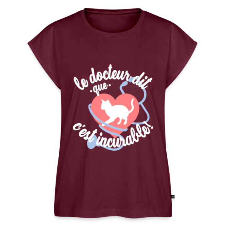 T-shirt à manches retroussées femme - Les chats: c'est incurable - bourgogne - front