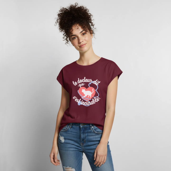 T-shirt à manches retroussées femme - Les chats: c'est incurable - bourgogne - front