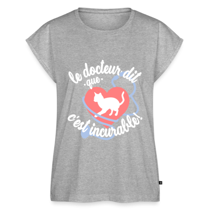T-shirt à manches retroussées femme - Les chats: c'est incurable - gris chiné - front