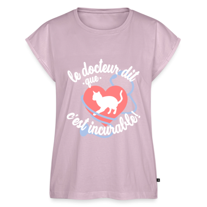 T-shirt à manches retroussées femme - Les chats: c'est incurable - rose poudré - front