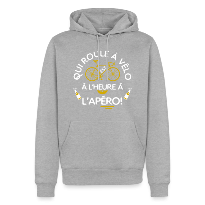 Sweat-shirt à capuche premium homme - Qui roule à vélo arrive à l'apéro - gris chiné - front