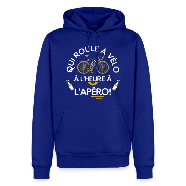 Sweat-shirt à capuche premium homme - Qui roule à vélo arrive à l'apéro - bleu roi - front