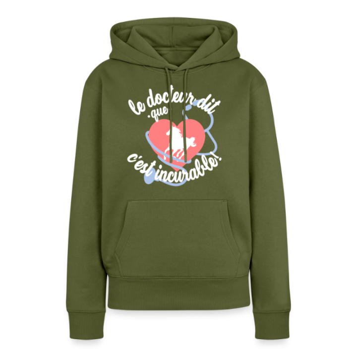 Sweat-shirt à capuche premium femme - Le cheval: c'est incurable - kaki - front