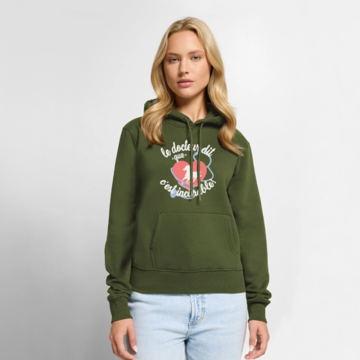 Sweat-shirt à capuche premium femme - Le cheval: c'est incurable - kaki - front